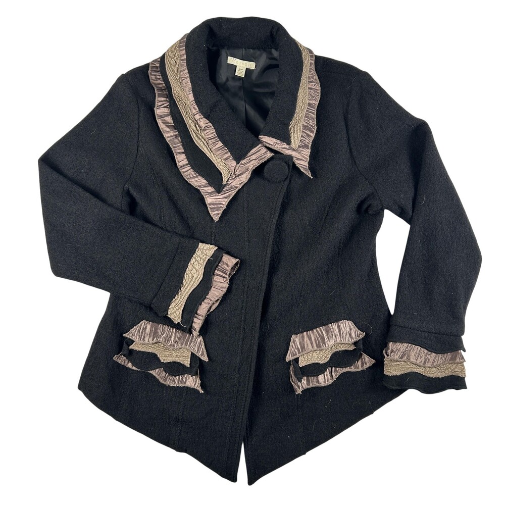 Carson Jacket Womens Small Black Wool Ruffle Collar Cuffs Pockets Button Front